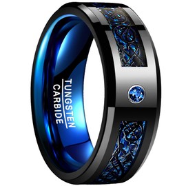 Vakki Tungsten Carbide Wedding Band / Ring, with Zircon and Dragon Inlay, Comfort Fit, Sizes L to Z, 8 mm, Black and Red, Tungsten, Black + Blue