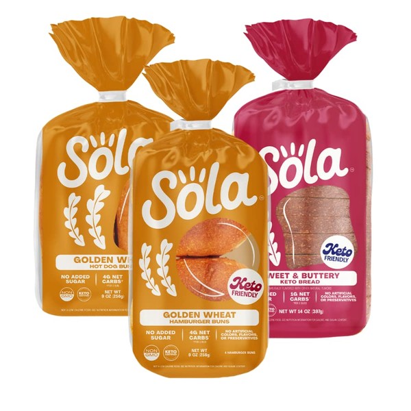 SOLA Low Carb & Keto Friendly Grilling Variety Pack - 1 Golden Wheat Burger Buns, 1 Golden Wheat Hot Dog Buns, 1 Sweet & Buttery Bread, (Pack of 3)