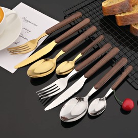 JASHII Wood Handle Flatware Set, 20 Pieces Stainless Steel Silverware Cutlery Set, Mirror Polished, Round Knife Fork Spoon Set, Dishwasher Safe - Round Head Gold