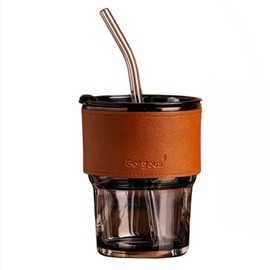Elegant Transperent Black Insulated Glass Cup with Straw and Protective Brown Leather Sleeve, 12oz – Perfect for Tea or Your Daily Coffee or Your Favorite Drink