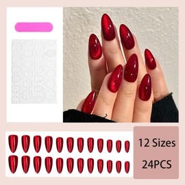 24-Piece Crystal Cat Eye Blood Red Set with Nude Pink Gradient Medium Oval False Nails - Press-Ons for Women and Girls