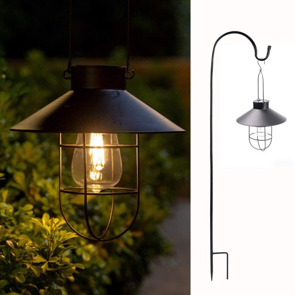 2Pack Solar Metal Hanging Lantern with Shepherd Hook Outdoor Led Garden Lights Black
