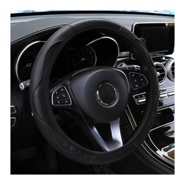 Leather Steering Wheel Cover, Universal Non-Slip Breathable Elasticity Microfibre Steering Wheel Cover, Car Steering Wheel Protective Cover, 37-38 cm, Black Red
