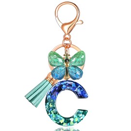 JINGUAZI Initial letter Keychains for Women Tassel Butterfly Pink Purple Cute Car Keychain for Wallet Backpack bag charm (C-Blue Green)
