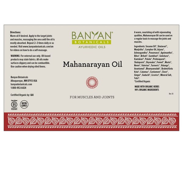 Banyan Botanicals Mahanarayan Oil – 99% Organic Ayurvedic Massage Oil – Soothes Sore Muscles, Supports Healthy and Comfortable Joints, Tendons & Muscles – 128oz. – Non GMO Sustainably Sourced Vegan