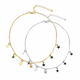 LEEQBCR - 2 Pcs Boho Star Necklace, High Quality Clavicle Chain, Pentagram Star Pendant Necklace, Jewelry for Women and Girls, Gold, Silver