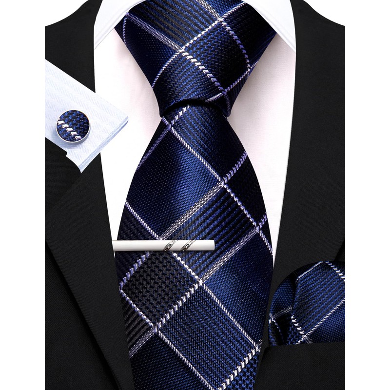 Barry.Wang Men's Silk Business Ties with Handkerchief, Cufflink Stripes Plaid