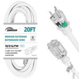 HONDERSON Indoor Outdoor Extension Cord Weatherproof with Lighted End, UL Listed, 10 Gauge 20FT White 3 Prong Heavy Duty, 10/3 SJTW 15A Power Cord for Outdoor Lights, Lawn