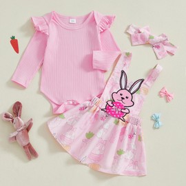 Loalirando Newborn Baby Girl Easter Spring Outfits Ribbed Long Sleeve Crew Neck Bunny Embroidery Romper Overall Suspender Skirt Bow Headband Set (Pink, 12-18 Months)