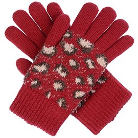 BYOS Womens Winter Fashion Wild Leopard Pattern Cozy Warm Fleece Lined Gloves (Red Furry Leopard)