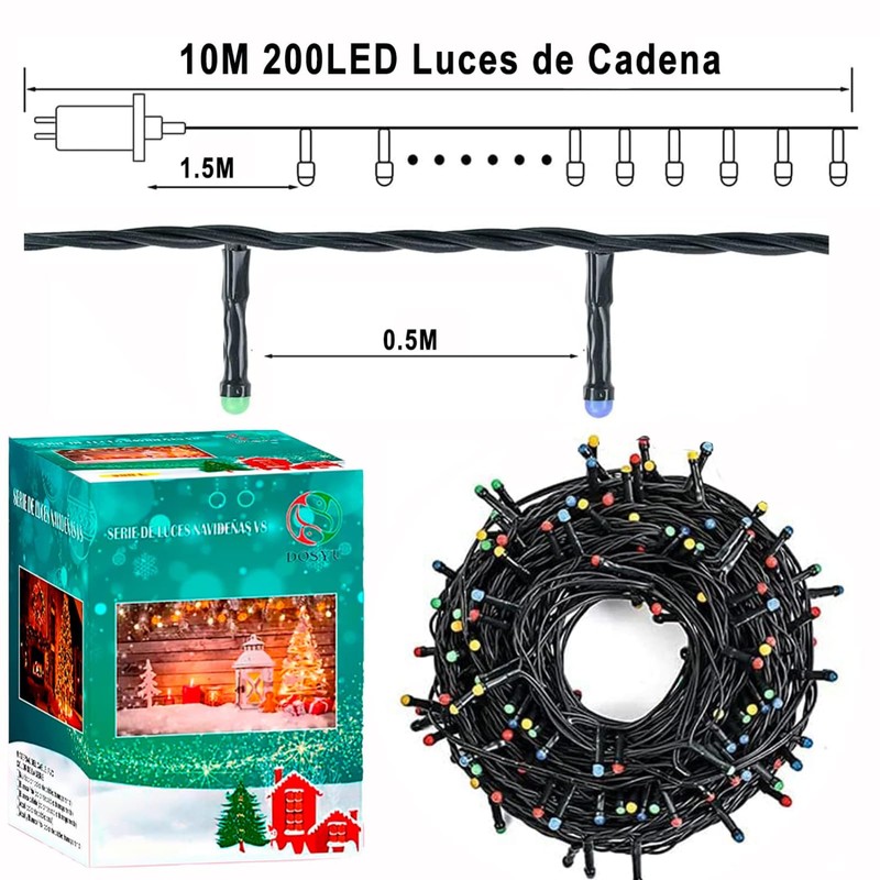 DOSYU Iluminación del hogar 10M Luz de Navideñas,200LED Cadena de