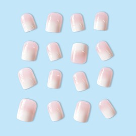 Square Press on Nails Short French Fake Nails Pink Gradient Stick on Nails Cute Petite Acrylic False Nails with Designs Glossy Artificial Nails Reusable Glue on Nails for Women Girls