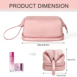 YOMOSPACE Large Makeup Bag, Double Layer Cosmetic Bag, Leather Make Up Bag with Brush Organizer, Portable Travel Makeup Bag, Makeup Organizer Bag Toiletry Bag for Women and Girls (Pink)