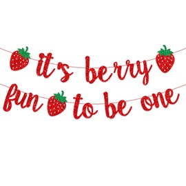 It's Berry Fun to be One Banner, Glitter Berry First Birthday Decorations,Berry Sweet One Baby Shower Decoration, Strawberry Birthday Party Supplies (Red)