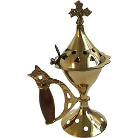 Holy Land Market Heavy Greek Brass Pedestal Incense Burner with Wooden Handle (5.5 Inches)