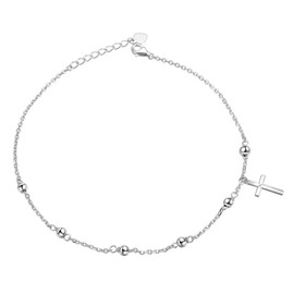 FLYOW S925 Sterling Silver Beaded Cross Anklet for Women Adjustable Foot Chain Ankle Bracelet Religious Jewelry Easter Gifts