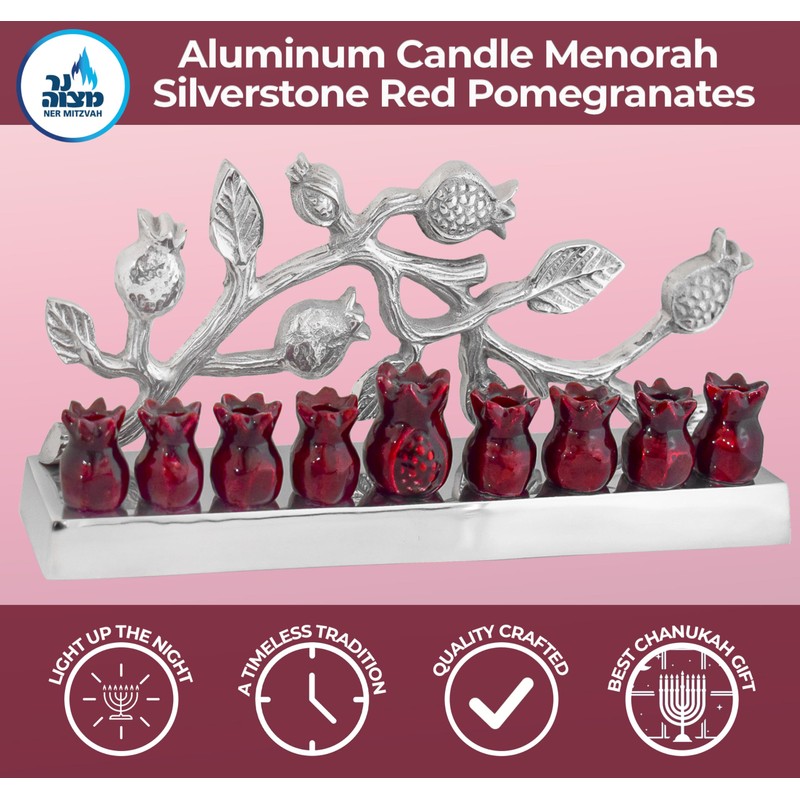 Ner Mitzvah Aluminum Candle Menorah - Silverstone Red Pomegranates -