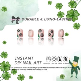 St. Patrick's Day Press on Nails Short Square MABKJLF Green French Tip Fake Nails False Nails with Shamrock Designs Clover Glossy Glue on Nails Stick on Nails for Women Girls 24 Pcs