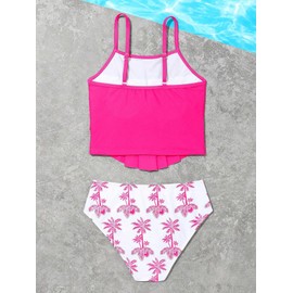 SweatyRocks - Traje de baño de dos piezas para niña con estampado gráfico y volantes, Rosado oscuro, 9 Años