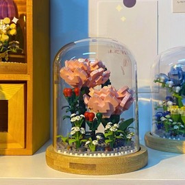 Juegos de Construcción de Flores, Bloques de Construcción de Plantas de Flores, Juego de Clavel Rosado Creativo de Bricolaje para San Valentín, Navidad, Regalos de Cumpleaños de Niños(675 Piezas)