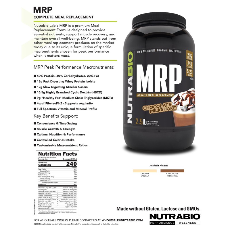 NutraBio MRP Complete Meal Replacement Protein Powder, Chocolate - 2.5lbs