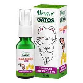 Waggys Aceite Relajante + SALMÓN para Gatos - Apoyo para el manejo de Estrés y Ansiedad, Inflamación, Piel y Pelo - Adicionados con Omegas y Aceite Relajante - 75 Disparos.
