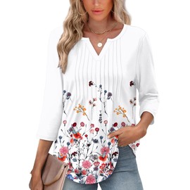 XIEERDUO Womens 3/4 Length Sleeve Tops 2025 Summer V Neck Tunic Tops to Wear with Leggings Shirts Beach Vacation Clothes for Women F-Dandelion M