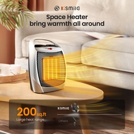 Kismile Small Electric Space Heater,Portable Ceramic Space Heater Fan for Office with Adjustable Thermostat and Overheat Protection ETL Listed for Kitchen, 750W/1500W(Silver)