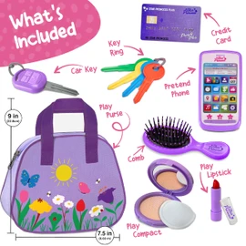 Play Purse for Toddlers with Accessories, Toddler Girl Toys 1 2 3 Years Old with Pretend Makeup, Keys, Smartphone, Toddler Toy Purse for Little Girls - Birthday Gift for Toddlers Girls Ages 2-3 Purple