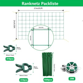 ANYUNKEY Premium Trellis Net 2.5 x 2 m for Cucumbers & Tomatoes - Includes 10 Plastic Clips, 20 Plant Ties & 20 m Plant Tape - Trellis Net for Greenhouse, Balcony, Raised Bed - UV-Resistant