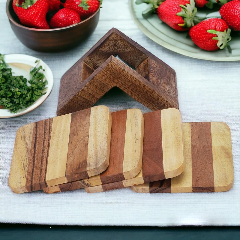 Ajuny Wooden Square Drink Coasters with Holder Set of 4