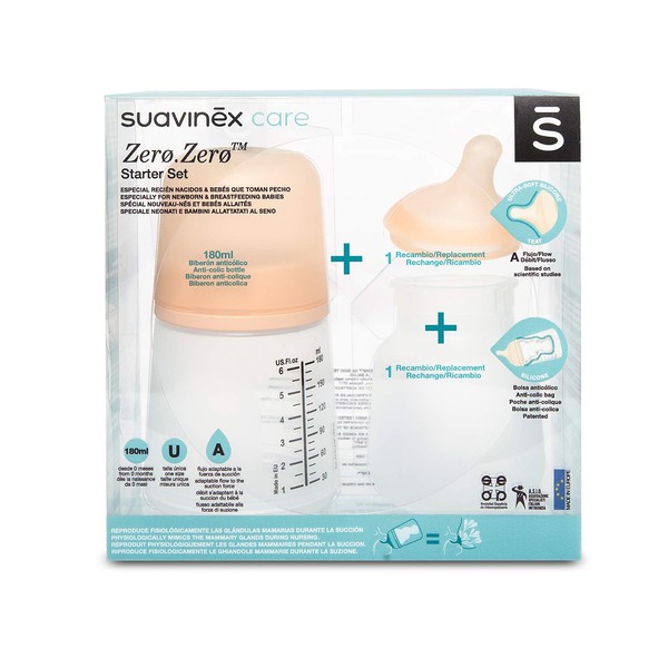 Suavinex, Zero Zero Baby Bottle Anti-Colic Baby Bottle 180ml with Adjustable Flow Teat + Adjustable Flow Teat + Adjustable Flow Teat + Refill Bag