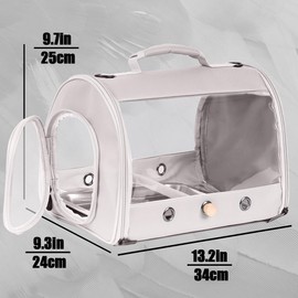 Small Bird Travel Carrier Cage for Long Tail Bird Parakeet Parrot, Includes Metal Tray Soft Mat and Wooden Standing Perch, Hands Free Lightweight Clear 2 Windows