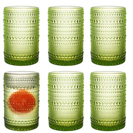 Consou Large Glasses Set of 6, 15 oz Hobnail Kitchen Green Glassware Drinking Glasses-Embossed Vintage Glass for Water, Cocktail, Soda, Beverage, Juice