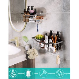 HapiRm Shower Caddy with 11 Hooks,Bathroom Storage with Razor Holder,Soap Dish,Towel Hook Bathroom organiser for Bathroom Storage and Kitchen Accessories Stainless Steel,3 Sticker,2 pcs