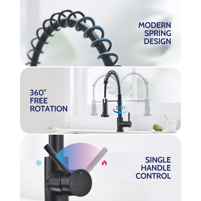 LUFEIDRA Black Kitchen Faucets with Pull Down Sprayer - High
