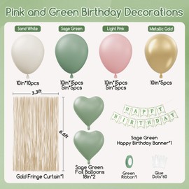 Pink and Sage Green Birthday Decorations with Light Pink Sage Green Sand White Metallic Gold Foil Balloons Fringe Curtain Banner for Happy Birthday Decorations for Women