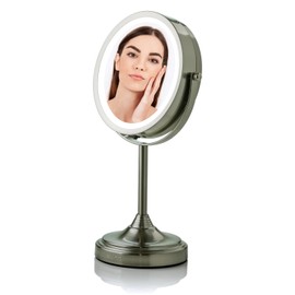OVENTE 7'' Lighted Makeup Mirror with 1X/7X Magnification, Cordless Tabletop Mount Vanity Mirror with 360° Swivel Design & Double Sided Glow Cosmetic White LED Ring Light, Nickel Brushed MCT70BR1X7X