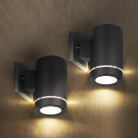 ASD 1 Light LED Indoor & Outdoor Wall Light Fixture | 9W 580LM 3000K-5000K 100-277V Cylinder Up Down Lights | Dimmable Exterior Wall Sconce | Front Door, Porch, Patio | Ringed Black, ETL 2 Pack
