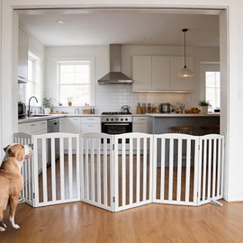 Freestanding Dog Gate Indoor,Doggie Gate Foldable Dog Gates for Doorways,Stairs or Hallways, Wooden White Pet Gate for The House, Pet Fence with Support Feet Included,32 "Height-6 Panels
