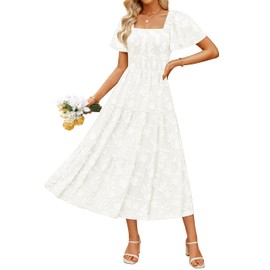 ZESICA Women's Summer Boho Floral Midi Dresses 2025 Casual Short Sleeve Square Neck Flowy Beach Vacation Long Dress,White,Large