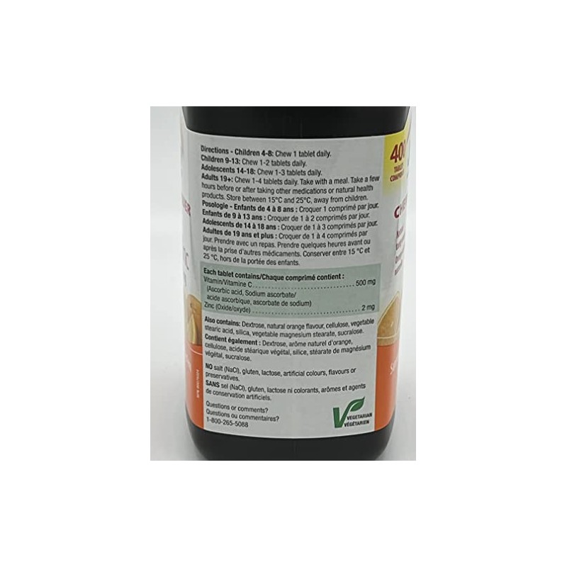 Jamieson Chewable Vitamin C + Zinc 500mg, Natural Tangy Orange,