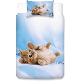 MUSOLEI Kitty Cat Single Duvet Cover Set for Kids Boys Girls Bedroom Bedding Set,Yellow Cat Pearl Blue Cute Bedding Bedspread, 135 X 200cm Quilt Cover and 50 x 75cm Pillowcase Set (2pcs)