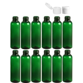 Premium Essential Oil 2 Ounce Cosmo Round Bottles, PET Plastic Empty Fillable BPA-Free, with White Ribbed Flip-Up Snap Caps (Pack of 12) (Green)
