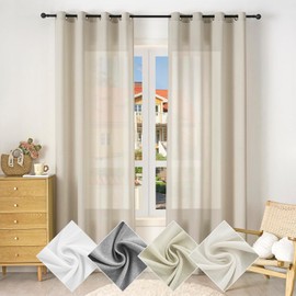 WOLTU Curtains with Eyelets, Linen Look, Semi-Transparent Voile Linen Curtain, Eyelet Curtain, Modern for Living Room, Bedroom, 135 x 245 cm, Sand (Pack of 1)