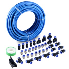 NORJIN100ft Air Line Tubing Kit 5/32 inch or 4mm OD 2.5mm ID Pneumatic Tubing, 38 PCS Compressed Air Line Kit Polyurethane PU Air Hose Pipe Tube and Push to Connect Fittings