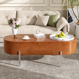 Merax Modern Lift Top Coffee Table with Marble-Patterned Rotating Tray & Drawers, Rustic Wood Oval Storage Center Tables for Living Room Reception Room, Partially Assembled, Brown