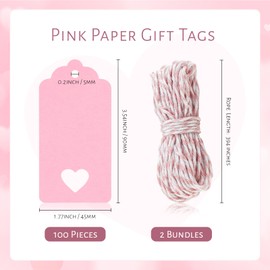 GAUENEEN 100 Pcs Pink Gift Tags Hollow Heart, 3.54 × 1.77 Inches Kraft Paper Tags with String for Mother's Day Valentine's Day Wedding Presents Craft