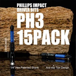 Facoow 15 Pack Phillips Impact Driver Bits, #3 Phillips Head Magnetic Screwdriver Bits Set, 2 Inch S2 Alloy Steel Impact Bits, 1/4" Hex Shank Screwdriver Drill Bit, CNC Machined ph3 Impact Drill Bits