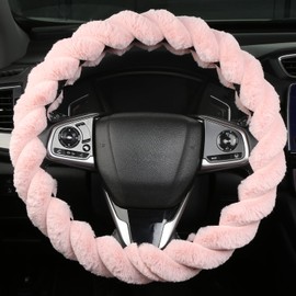 OHHMNKK Fluffy Pink Steering Wheel Cover for Women Girls, Cute Plush Fuzzy 15" Universal Anti-Slip Breathable, Soft Warm Cozy Comfortable for Teen College Student, Kawaii Girly 14.5-15 Inch